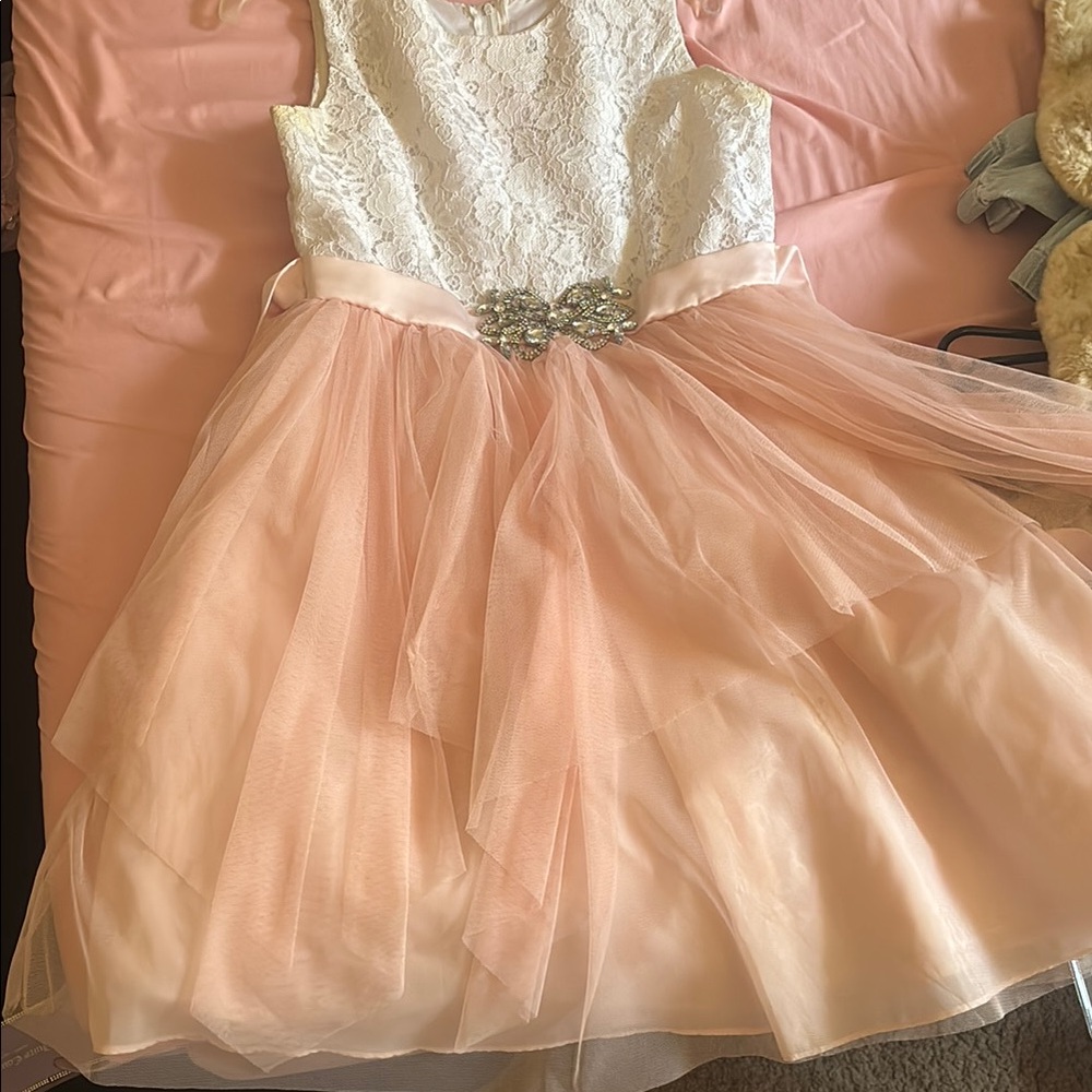 Rare Editions White and Pink Embellished Tiered Dress